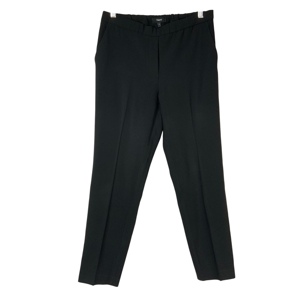 Theory Treeca Black Pull On Pants 0 Elastic Waist Mid Rise Slim Modern Crepe
